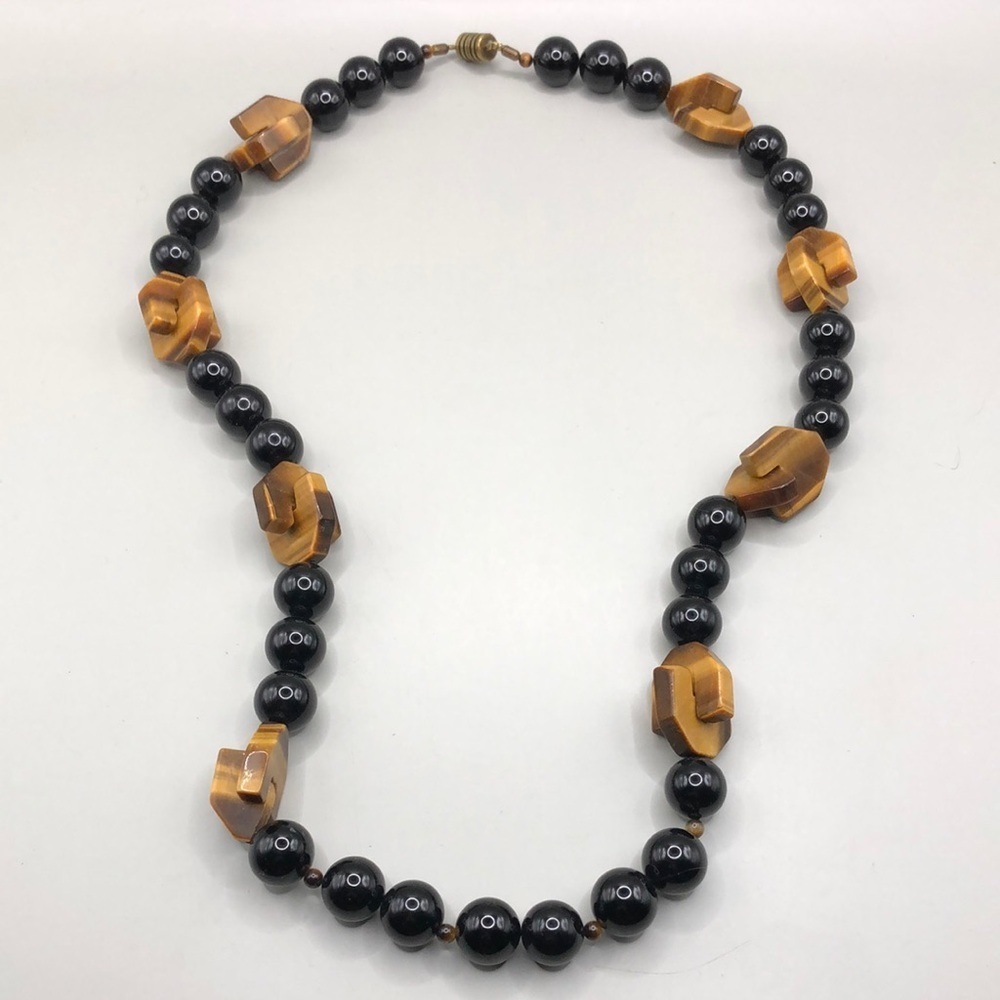 Vintage artisan beaded and carved stone necklace-statement style-substantial